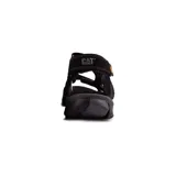 Sandalias Caterpillar modelo Giles para hombre, color negro con detalles en amarillo, con múltiples tiras ajustables con velcro y suela de goma track.