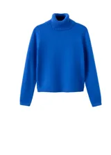 Jersey de punto azul con cuello vuelto y manga larga, de corte recto y diseño liso.