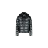 Campera puffer Moncler modelo Lauros, color negro, con diseño acolchado brillante, capucha desmontable, cierre frontal y bolsillos con cremallera.