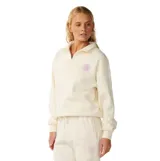 Buzo Rip Curl de felpa color blanco, con cuello alto y cierre corto de medio zip. Cuenta con manga larga y un pequeño estampado circular en lila en el pecho.