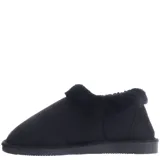 Pantuflas tipo bota baja de color negro, confeccionadas en material sintético con interior y borde superior de piel sintética suave. Poseen suela plana de goma antideslizante.
