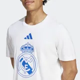 Remera blanca de manga corta con cuello redondo, con el escudo del Real Madrid en azul y el logo de Adidas en la parte superior.