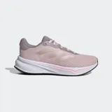 Championes de running Adidas Response, color rosa pálido con detalles en gris lila y tres franjas laterales en tono rosado metálico. Cuentan con mediasuela de EVA blanca y suela exterior de caucho negra.