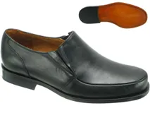 Zapatos de vestir para hombre tipo mocasín, confeccionados en cuero negro con diseño de punta redondeada y elásticos laterales para un calce fácil.