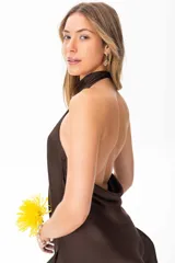 Top marrón de seda con espalda descubierta y cuello halter.