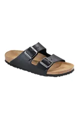 Sandalias Birkenstock Arizona negras de cuero engrasado con plantilla acolchada, forro de gamuza, suela de EVA y dos correas ajustables con hebillas metálicas.