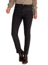 Pantalón skinny leg de tiro medio marca RKF, confeccionado en denim gris oscuro. Presenta bolsillos delanteros con cierres metálicos horizontales y ruedo deshilachado.