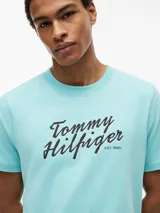 Remera celeste de manga corta Tommy Hilfiger, con cuello redondo y logo gráfico script bordado en el pecho.