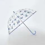 Paraguas transparente con estampado de Stitch y borde celeste. Mango curvo celeste.