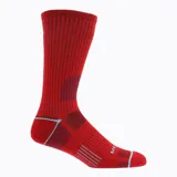 Pack de tres pares de calcetines deportivos unisex, uno gris con detalles naranja, uno rojo con detalles gris y uno negro con detalles gris.