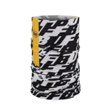 Cuello multifuncional Buff con estampado de letras en blanco y negro, con logo de la marca en amarillo.
