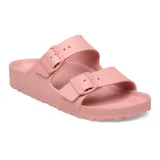 Sandalias Birkenstock modelo Arizona, confeccionadas en material EVA ligero y resistente al agua, en color rosa. Presentan diseño de dos correas con hebillas ajustables y plantilla anatómica.