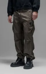 Pantalón cargo de corte regular confeccionado en textil técnico pesado color chocolate. Presenta cintura elástica con cordón de ajuste, dos bolsillos laterales en la cintura y dos bolsillos cargo de gran tamaño. Incluye elásticos con tancas en los tobillos para regular la apertura de la pierna.