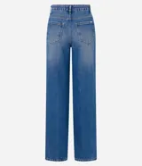 Pantalón de jean azul de corte recto, con bolsillos delanteros y traseros, y cierre de botón y cremallera.