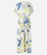 Vestido evasê midi de viscolino con estampado floral, escote en V cruzado, mangas cortas con lazos y corte en la cintura.