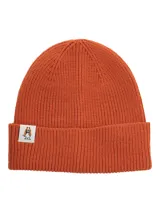 Gorro tipo beanie de tejido acanalado en color naranja, con vuelta y parche lateral con el logo de Hush Puppies.