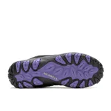 Calzado de trekking Merrell Crosslander 3, color negro con detalles en violeta y gris, con parte superior de ante y malla transpirable, puntera protectora y suela de goma con tracción duradera.