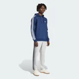 Canguro Adidas Originals de color azul, con capucha ajustable mediante cordones, bolsillo frontal tipo canguro y las icónicas tres rayas blancas en las mangas. Presenta el logo del trébol bordado en el pecho.