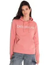 Buzo tipo hoodie de la marca Caterpillar, color rosado, con capucha ajustable mediante cordones, bolsillo canguro frontal y estampado con el logo de la marca en el pecho.