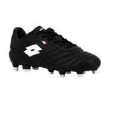 Championes de fútbol Lotto de cuero color negro con detalles en blanco y pequeña bandera italiana en el lateral. Diseño clásico con suela de tapones.