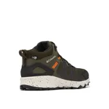 Bota de senderismo Columbia Peakfreak II Mid, color verde oliva con detalles en negro y naranja. Presenta una estructura de malla transpirable con refuerzos sintéticos, entresuela blanca con diseño moteado y suela de goma con tracción avanzada.