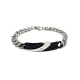 Pulsera de acero plateado con eslabones tipo cadena y dije central rígido en forma de navaja con detalles en negro y plateado.