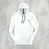 Canguro blanco de algodón con capucha y cordones negros.