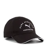 Gorra Puma de estilo clásico, color negro con bordado frontal en blanco que incluye el logo de la marca y la inscripción Puma Athletics established 1948. Presenta una visera curva con un detalle de borde blanco.