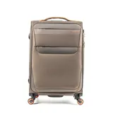 Valija mediana de tela color khaki con detalles en naranja. Tiene manija superior y lateral, candado TSA integrado, 4 ruedas y un bolsillo frontal con cierre. El interior está forrado y tiene un compartimento con cierre.