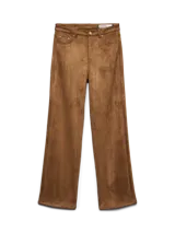 Pantalón de corte recto y tiro medio, confeccionado en tela de gamuza color marrón, con cierre frontal y bolsillos laterales.