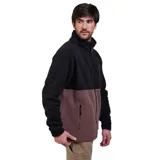 Campera de polar con cierre frontal completo, diseño bicolor en negro y marrón, cuello alto y bolsillos con cierre.