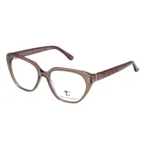 Armazón de anteojos Teresa Calandra modelo C43Z, con diseño de marco completo en acetato color rosa traslúcido y patillas con detalle grabado.