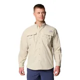 Camisa de manga larga Columbia modelo Bahama II, color beige. Confeccionada en tejido de secado rápido con protección solar UPF 50. Presenta cuello con botones, dos bolsillos frontales con solapa, rejillas de ventilación en la espalda y hombros, y pestañas para sujetar las mangas enrolladas.