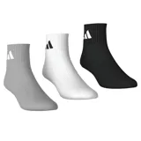 Pack de tres pares de medias soquetes deportivas adidas con plantilla con amortiguación y logo de la marca en el tobillo. Incluye un par blanco, un par gris melange y un par negro.