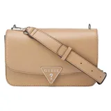 Bandolera Guess Esmeray color beige con correa ajustable y logo triangular metálico en el frente.
