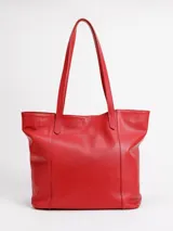 Cartera tote bag de cuero natural color rojo, con doble asa larga para hombro y cierre con broche.