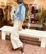 Camisa celeste a rayas verticales blancas, con cuello en V y mangas 3/4 abullonadas.