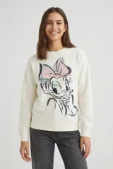 Buzo de frisa color blanco off-white, de cuello redondo y manga larga, con gran ilustración frontal estilo boceto de la Pata Daisy.