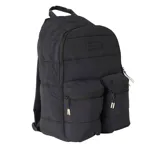 Mochila Rip Curl negra con diseño acolchado, logo de la marca en el frente y dos bolsillos frontales con cierre.