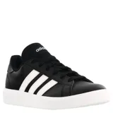 Championes urbanos Adidas modelo Grand Court Base 2.0, color negro con las tres tiras características en blanco y suela de goma blanca.