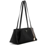 Cartera Guess modelo Devon de tipo shoulder bag, color negro con textura granulada, herrajes dorados y doble asa larga. Cuenta con un detalle colgante de cadena dorada con dije de la marca y el logo frontal impreso en tono dorado.