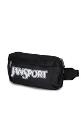 Riñonera JanSport modelo Washington Waistpack, color negro con logo de la marca estampado en blanco en el frente. Cuenta con cierre principal y correa ajustable.