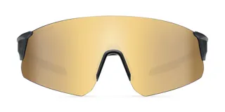 Lentes de sol Meller Dua con montura negra y lentes doradas reflectantes. Diseño deportivo inspirado en el ciclismo, con estructura sin montura y forma de pantalla. Protección UV400 - Categoría 3.