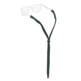 Sujeta lentes de algodón color verde, con sistema de ajuste deslizante y extremos elásticos para asegurar las patillas de los anteojos.