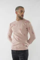 Sweater de tejido de punto en color rosa claro con estampado de pequeñas piñas en tono más oscuro. Presenta escote redondo, mangas largas y puños acanalados.