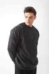 Buzo de cuello redondo con efecto stone wash, color gris oscuro. Presenta un diseño minimalista con bordado sutil en el pecho y detalle en la manga.