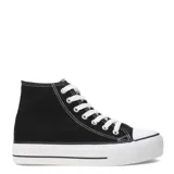 Championes de lona estilo botita con plataforma, color blanco con detalles de líneas negras en la suela.