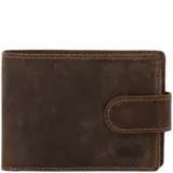 Billetera de cuero natural de primera calidad en color marrón, con diseño plegable, cierre con broche y múltiples ranuras para tarjetas. Incluye forro interior de poliéster reciclado y tecnología de protección RFID.