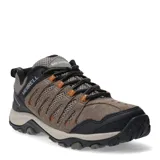 Championes de trekking Merrell Crosslander 3, color marrón con detalles en negro y naranja. Presentan una combinación de cuero y malla transpirable, con suela de goma robusta diseñada para terrenos difíciles y sistema de amortiguación en el talón.