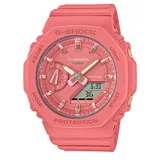 Reloj analógico-digital Casio G-Shock con caja y malla de resina en color rosado mate. Cuenta con estructura Carbon Core Guard resistente a impactos, esfera con indicadores luminosos, hora mundial, cronómetro, temporizador y doble luz LED.